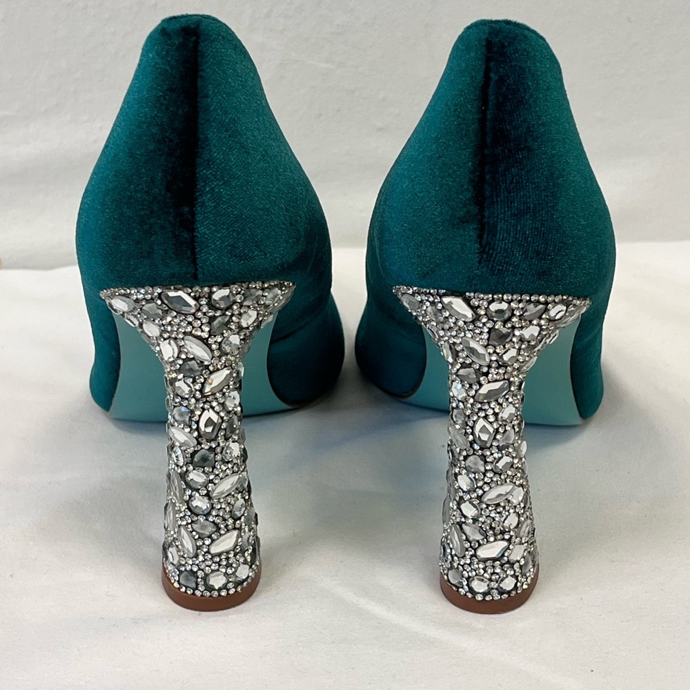 Betsey Johnson Corie Velvet Crystal Heel Pumps Emerald Green 7.5M Glam - Picture 6 of 11
